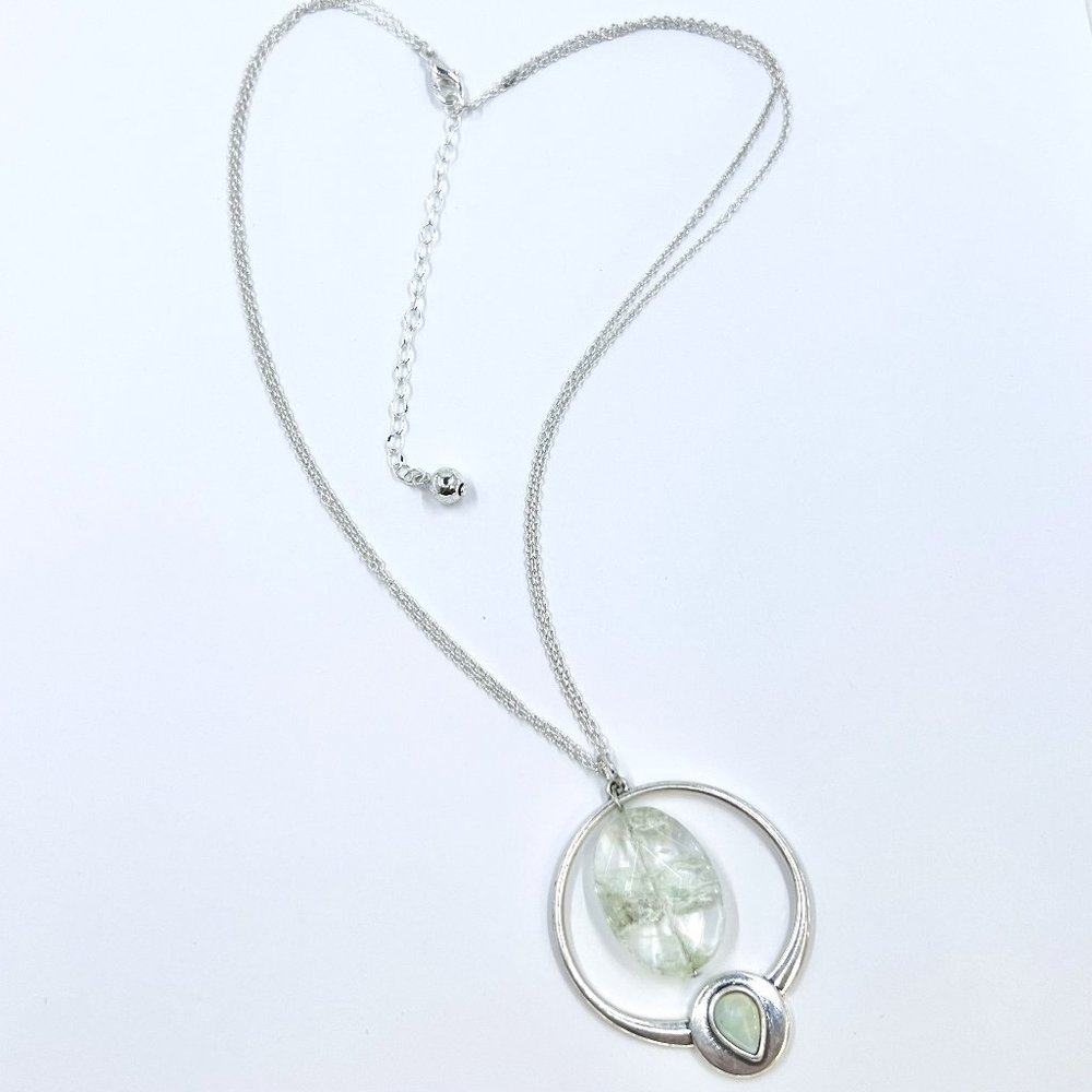 New / Handcrafted - Green Glass Bead Pendant 16” Silver Tone 2 Strand Necklace - Picture 2 of 8